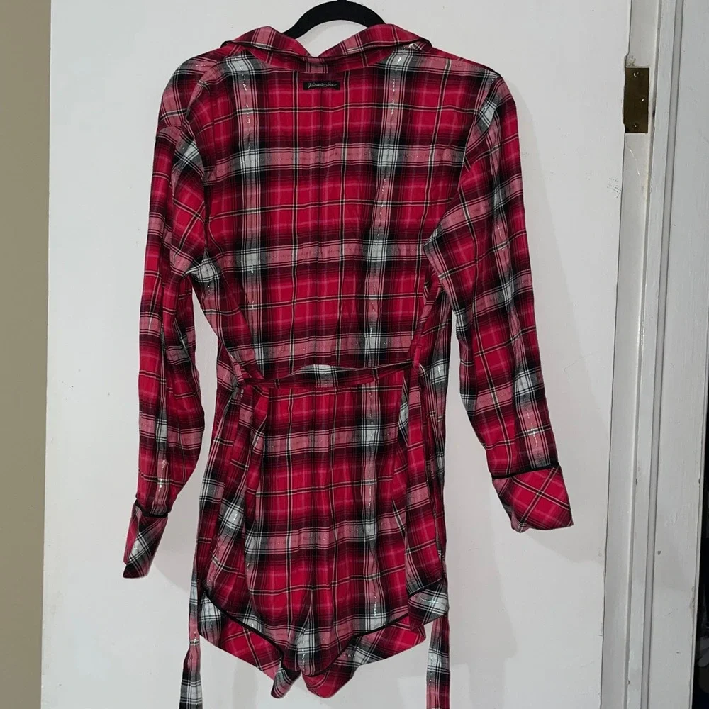 Victoria's Secret Plaid Flannel Pajama Romper Tie Red Black Pink Silver Size M - Picture 6 of 12